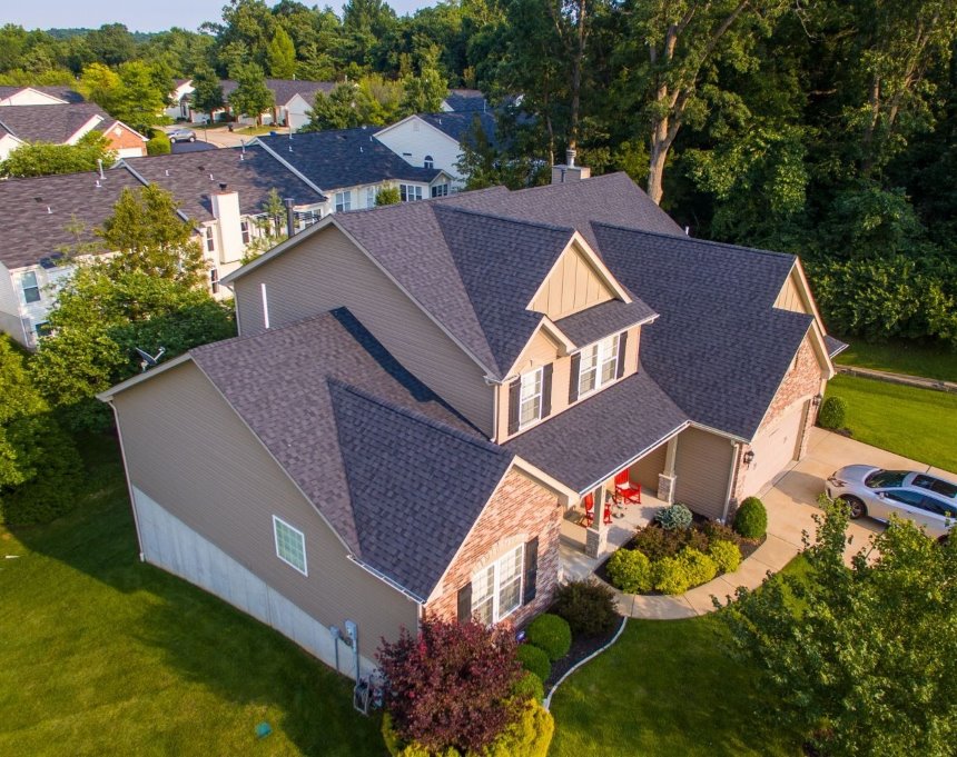 Heath Roofing arial view of new residential home exterior renovations